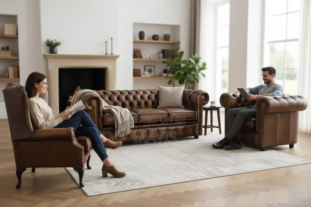 Chesterfield Leather 3 Seater + Mallory Wing Chair + Club Chair Sofa