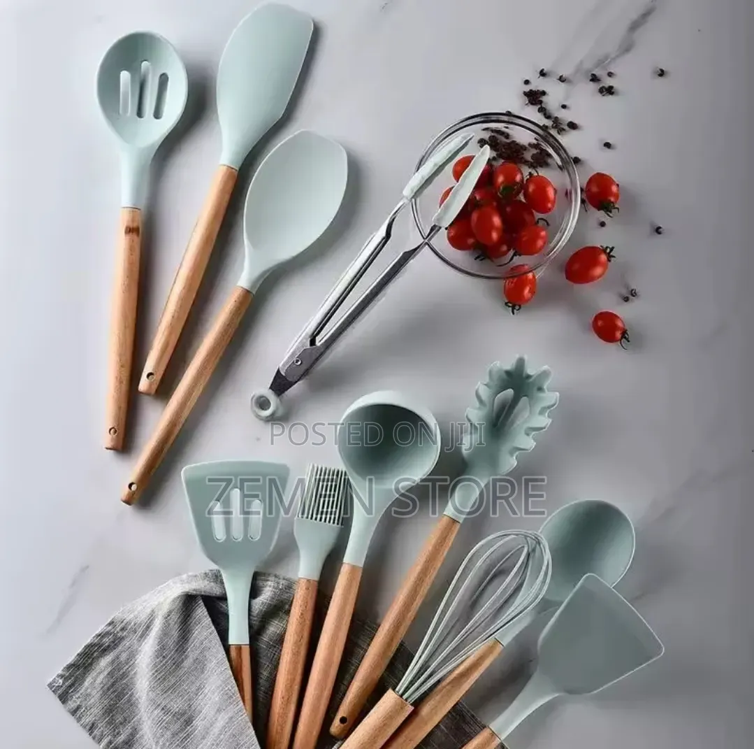 12-Piece Heat-Resistant Silicone Kitchen Utensil Set - Wooden Handles