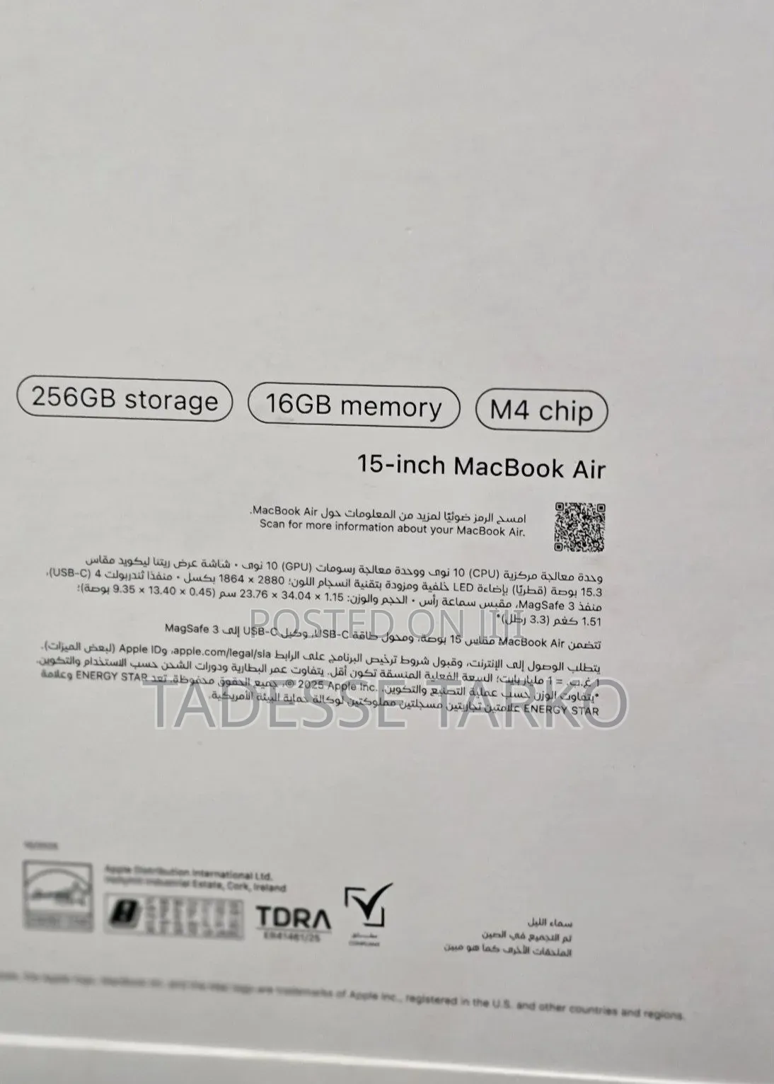 New Laptop Apple MacBook Air 2025 M4 16GB Apple M4 SSD 256GB