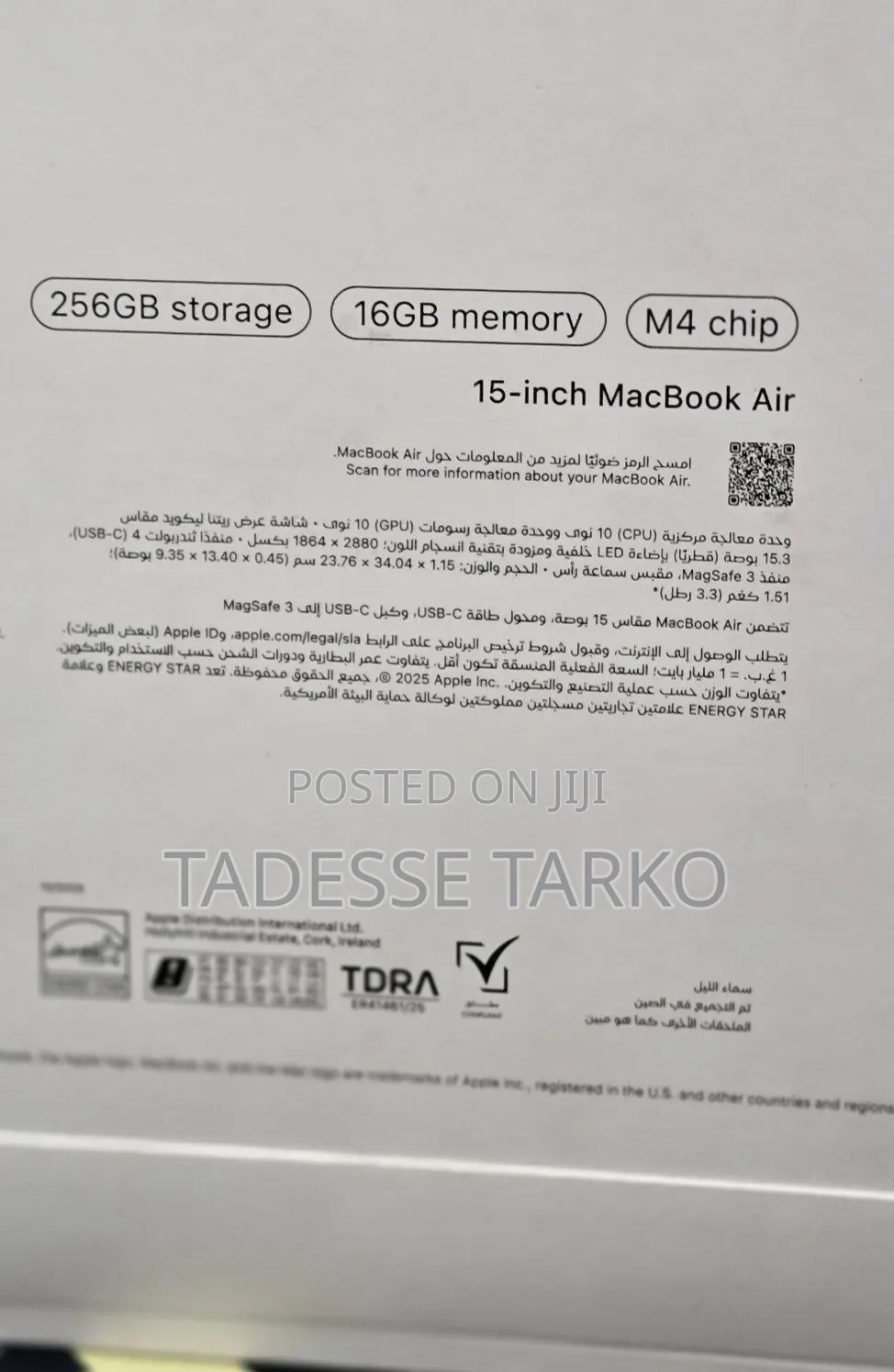 New Laptop Apple MacBook Air 2025 M4 16GB Apple M4 SSD 256GB