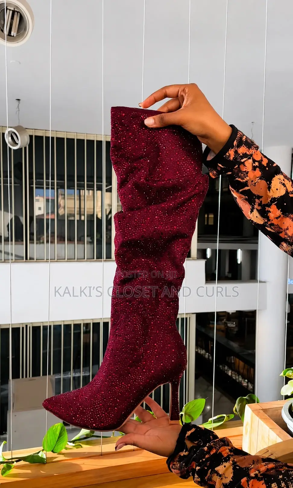 Pointed Toe Rhinestone Wrinkled Burgundy Stiletto Kneehigh Boots