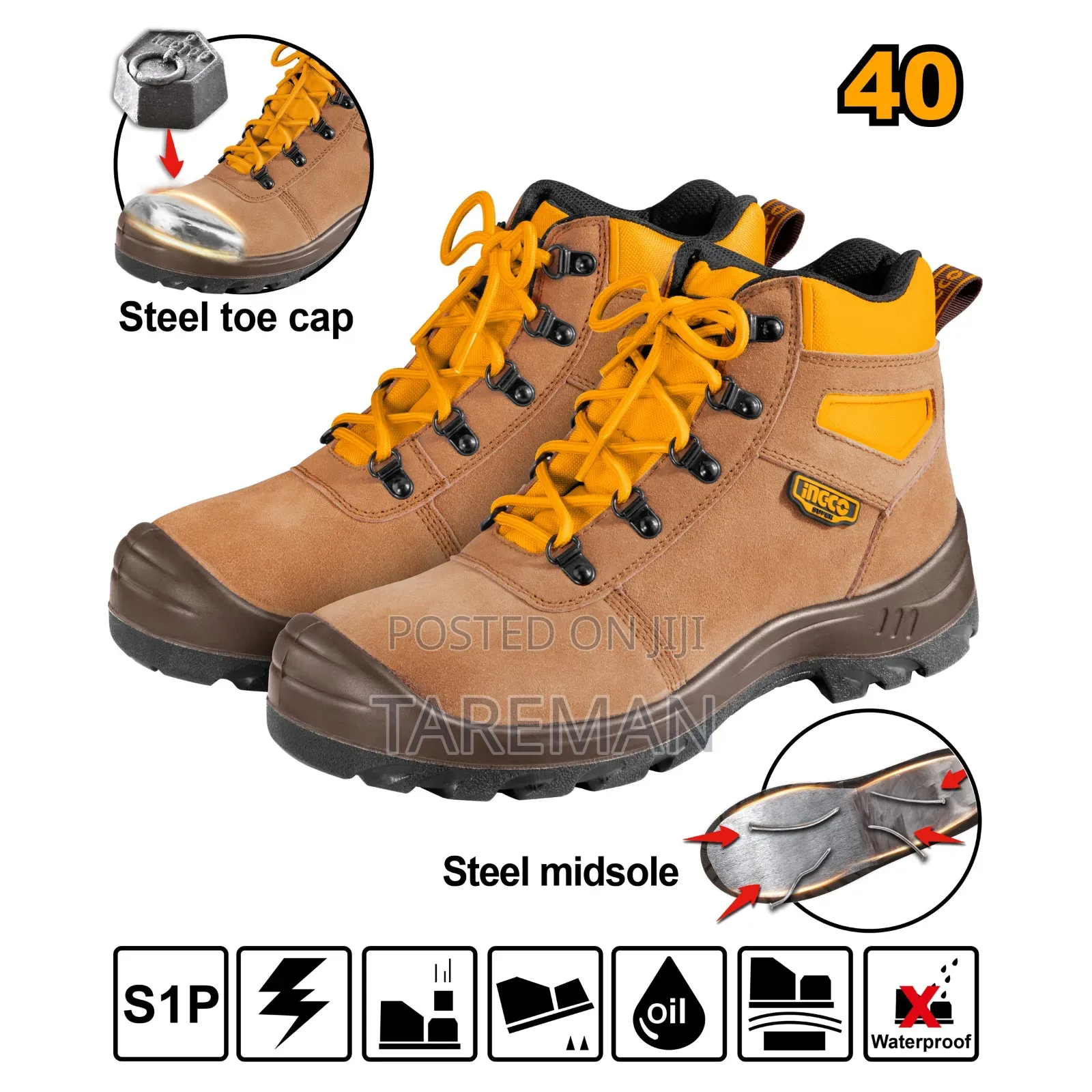 Ingco) ቁሳቁስ: ከፍተኛ ጥራት ያለው የSplit Leather የላይኛው ክፍል እና ባለሁለት እፍጋት (Dual