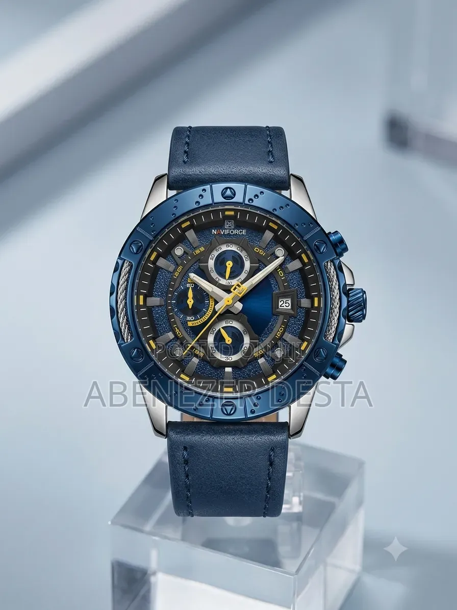 Naviforce NF8055 Features a Prominent Blue Bezel and Leather Strap.