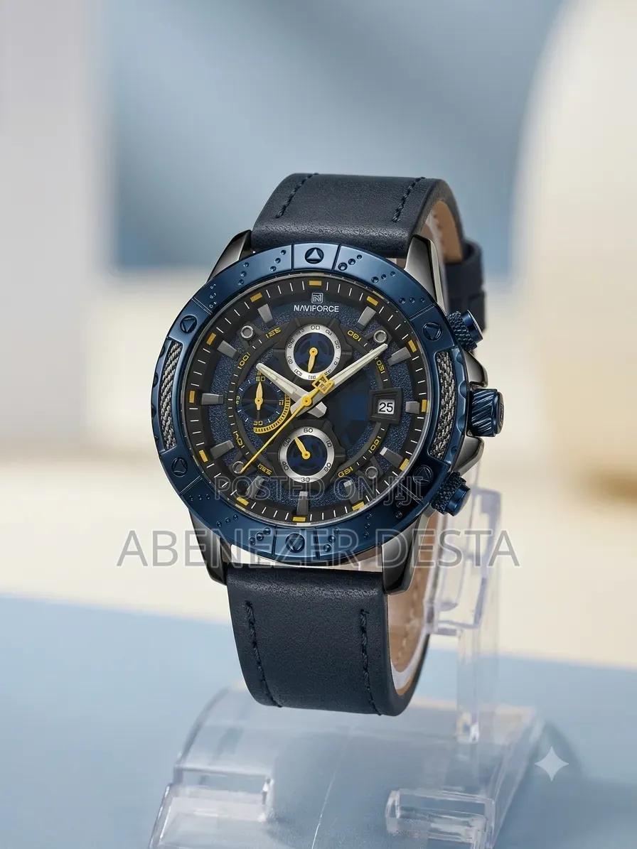 Naviforce NF8055 Features a Prominent Blue Bezel and Leather Strap.