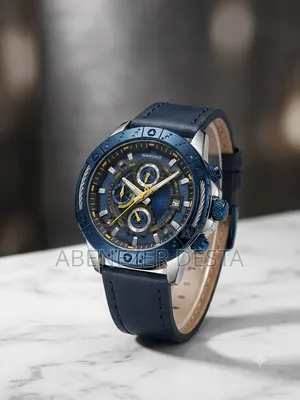 Naviforce NF8055 Features a Prominent Blue Bezel and Leather Strap.