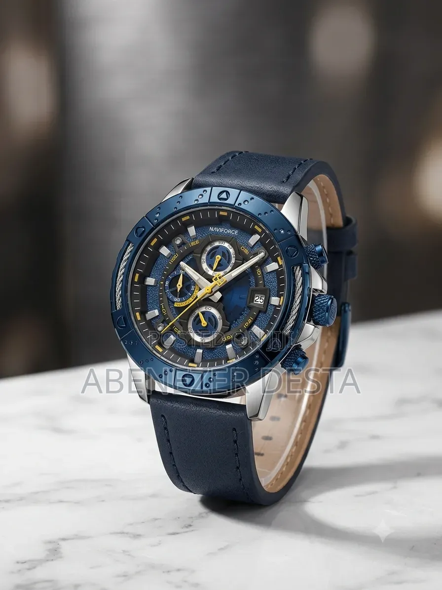 Naviforce NF8055 Features a Prominent Blue Bezel and Leather Strap.