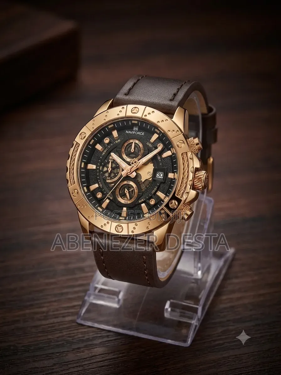 Naviforce Watch Featuring a Rose Gold Case and a Brown Leather