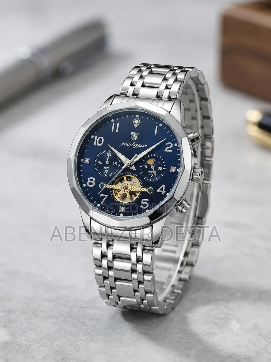 A Poedagar Quartz Analog Watch Featuring a Silver-Tone Stainless Steel