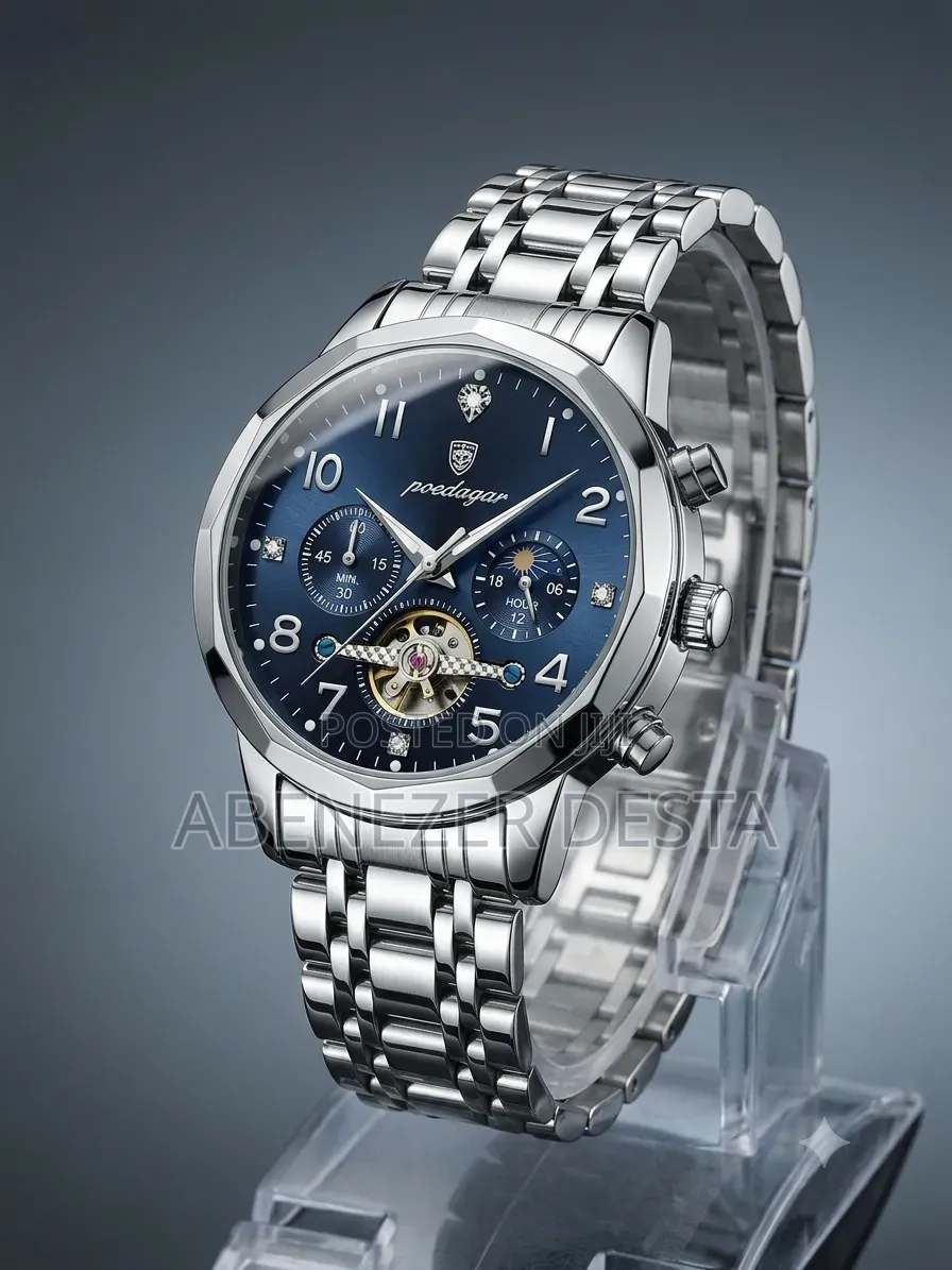 A Poedagar Quartz Analog Watch Featuring a Silver-Tone Stainless Steel