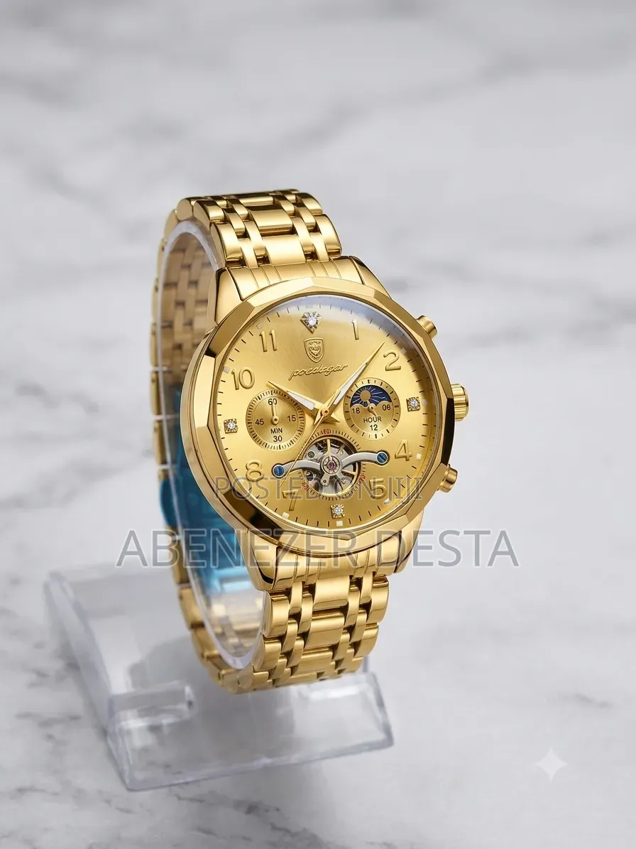 Poedagar Men's Luxury Gold- Toned Quartz Watch Moon Phase Chronograph