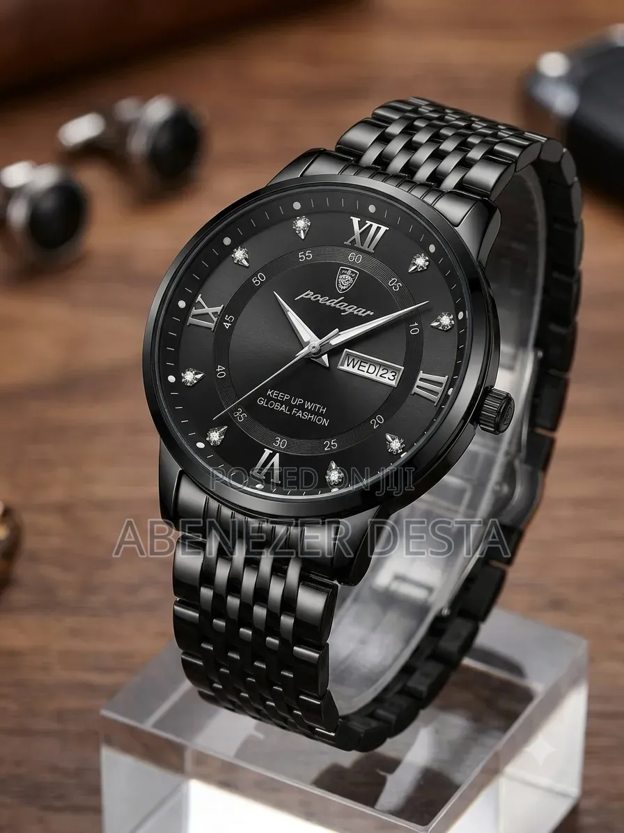 Poedagar Men's Luxury Stainless Steel Quartz Watch Featuring a Black