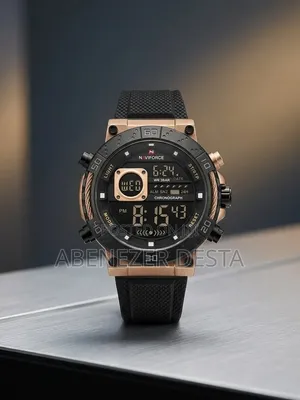 Naviforce Digital Watch With a Rose Gold Case and Black Silicone Band.