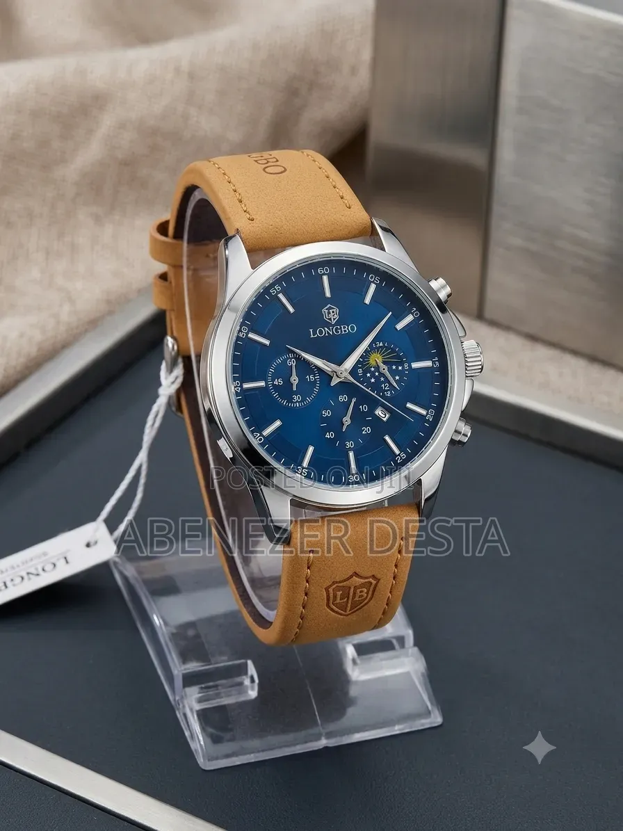 Longbo Watch Featuring a Prominent Blue Analog Dial With Chronograph