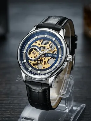 TEVISE Automatic Mechanical Watch a Blue Dial and a Black Leather