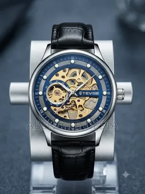 TEVISE Automatic Mechanical Watch a Blue Dial and a Black Leather