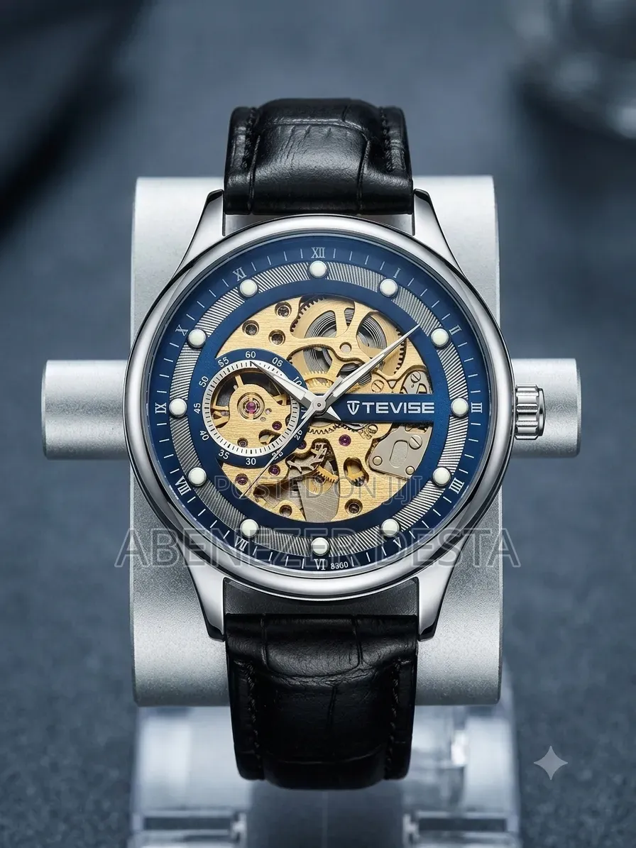 TEVISE Automatic Mechanical Watch a Blue Dial and a Black Leather