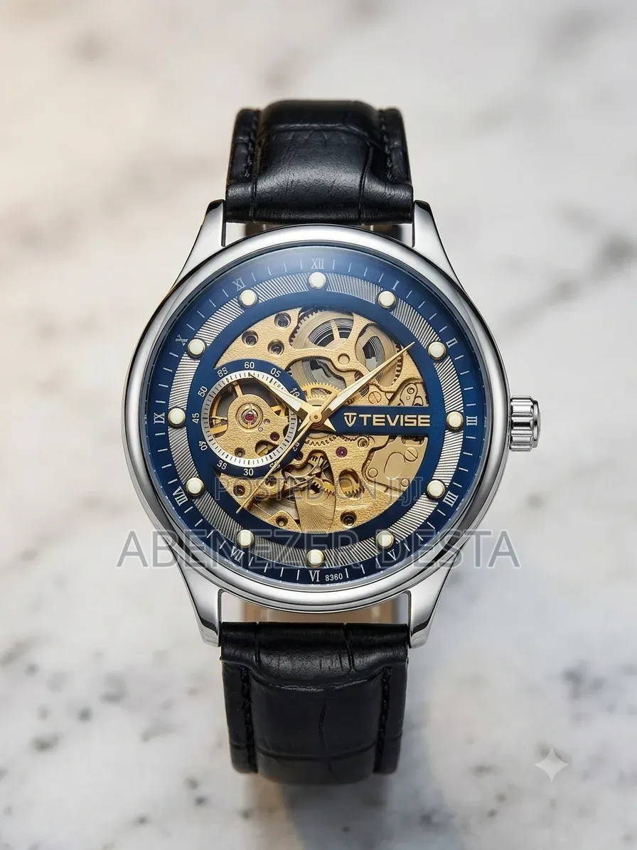 TEVISE Automatic Mechanical Watch a Blue Dial and a Black Leather
