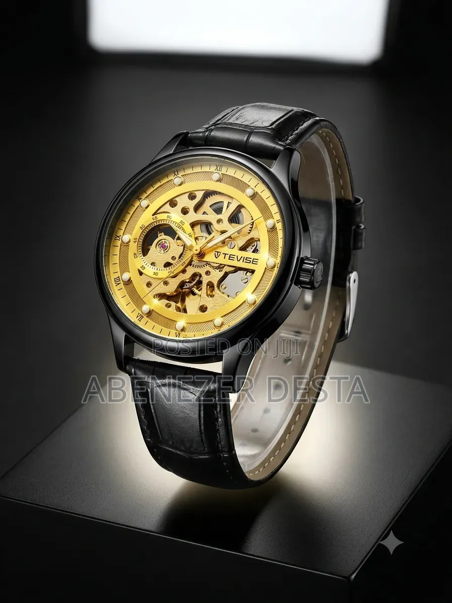 Tevise Automatic Mechanical Watch Features a Prominent Gold Skeleton