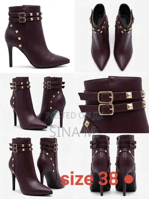 Primark Burgundy Studded Ankle Boot Heels / የሴቶች ቡትስ ጫማ (Size 38)