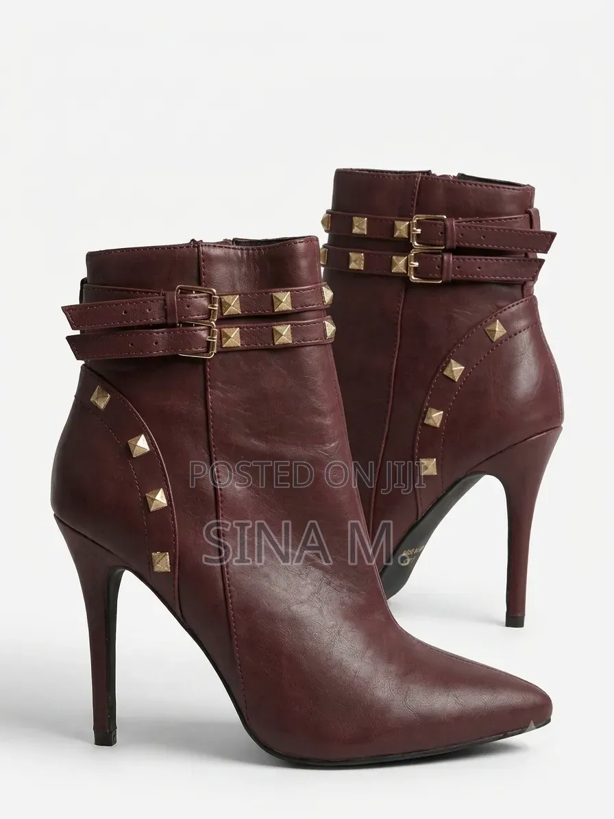 Primark Burgundy Studded Ankle Boot Heels / የሴቶች ቡትስ ጫማ (Size 38)