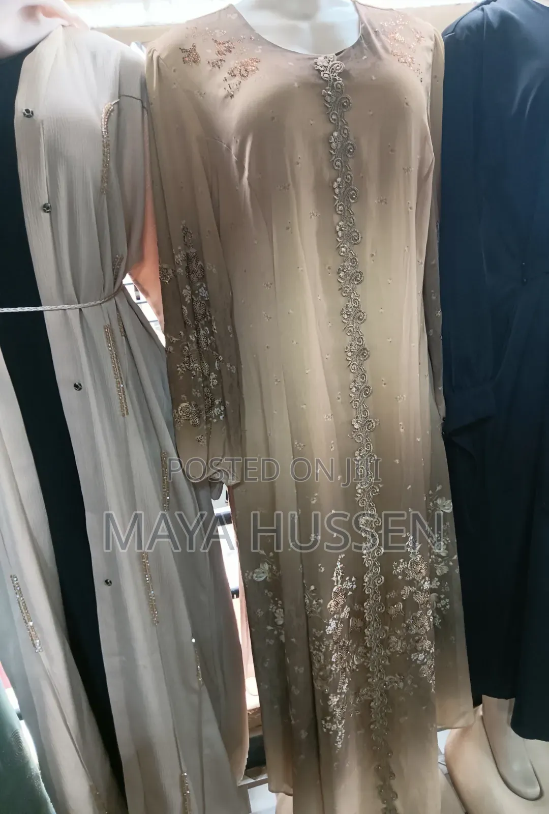 Luxurious Embroidered Champagne Maxi Dress Open-Front Abaya Set