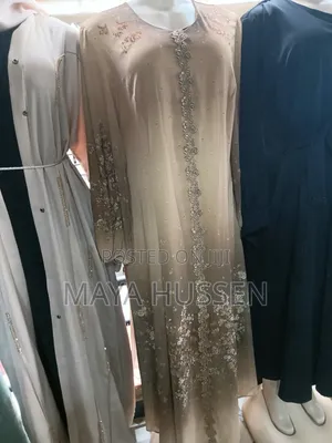 Luxurious Embroidered Champagne Maxi Dress Open-Front Abaya Set