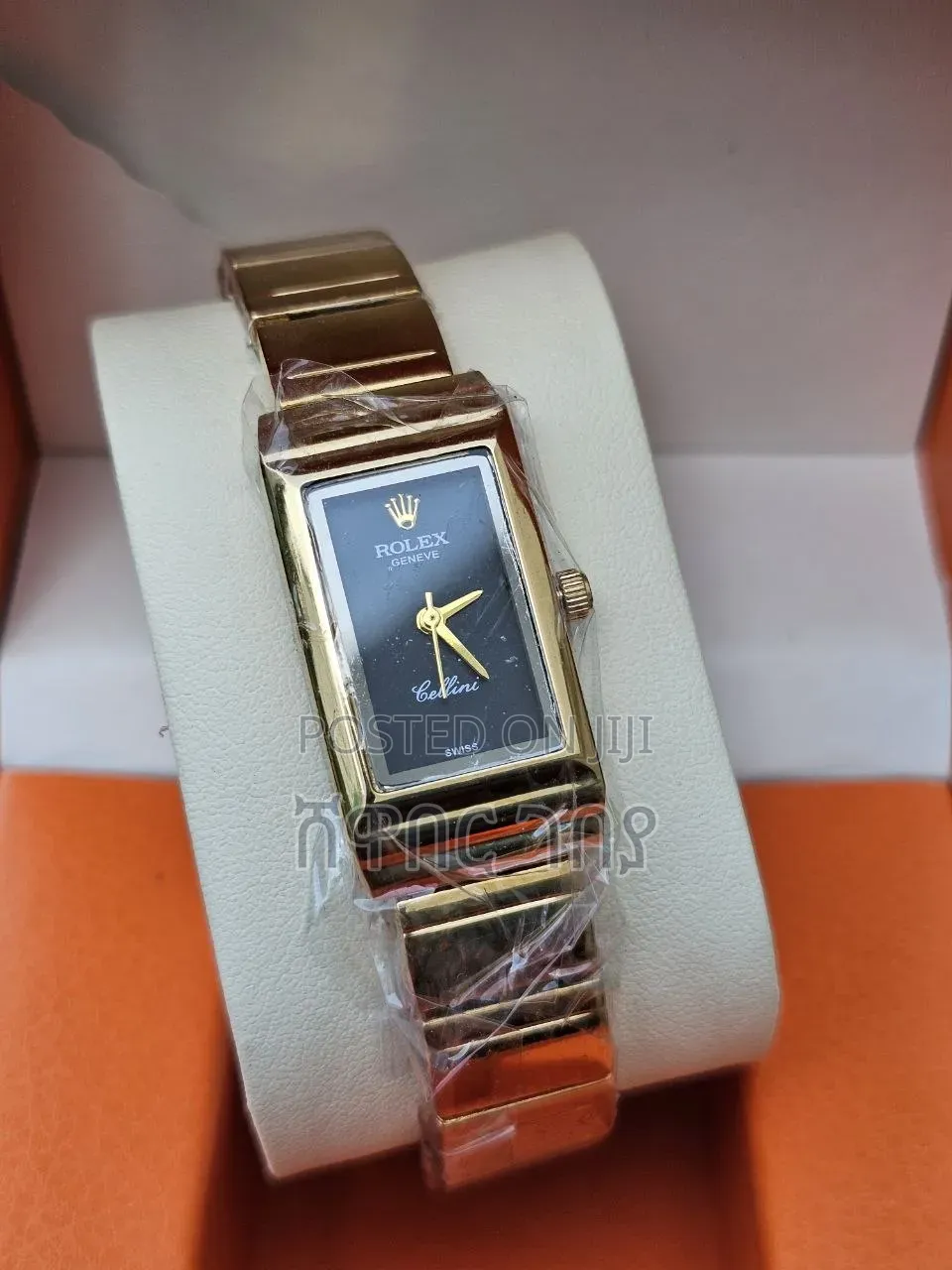 Designer Style Gold Rectangular Watch Black Dial Quartz Cellini