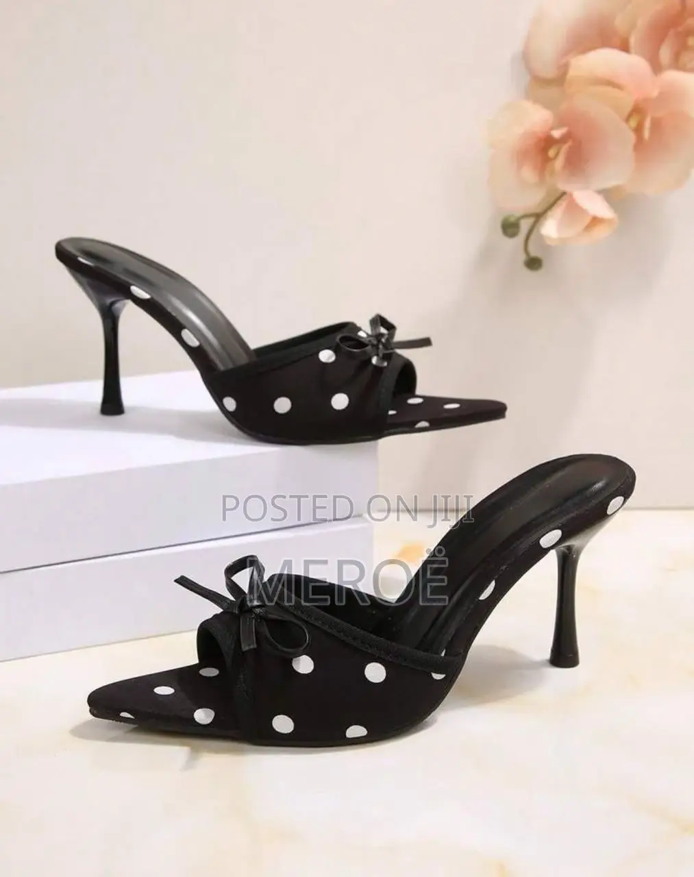 Elegant Polka Dot Stiletto Mules With Bow Detail Black White