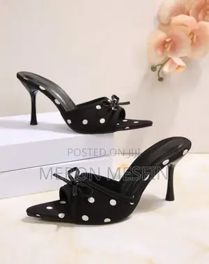 Elegant Polka Dot Stiletto Mules With Bow Detail Black White