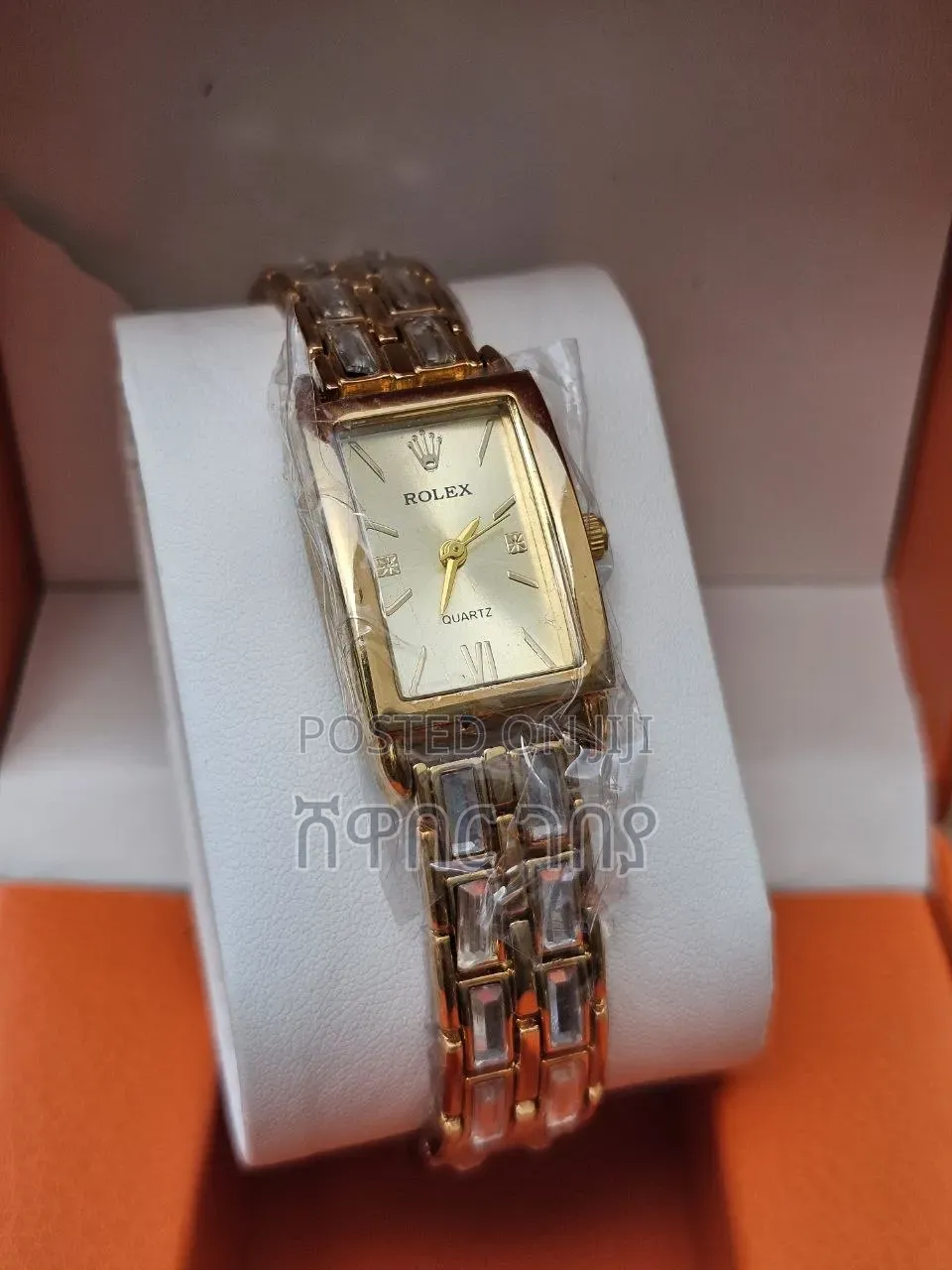 Designer Style Rectangle Watch Gold Tone Crystal Markers Quartz Sealed