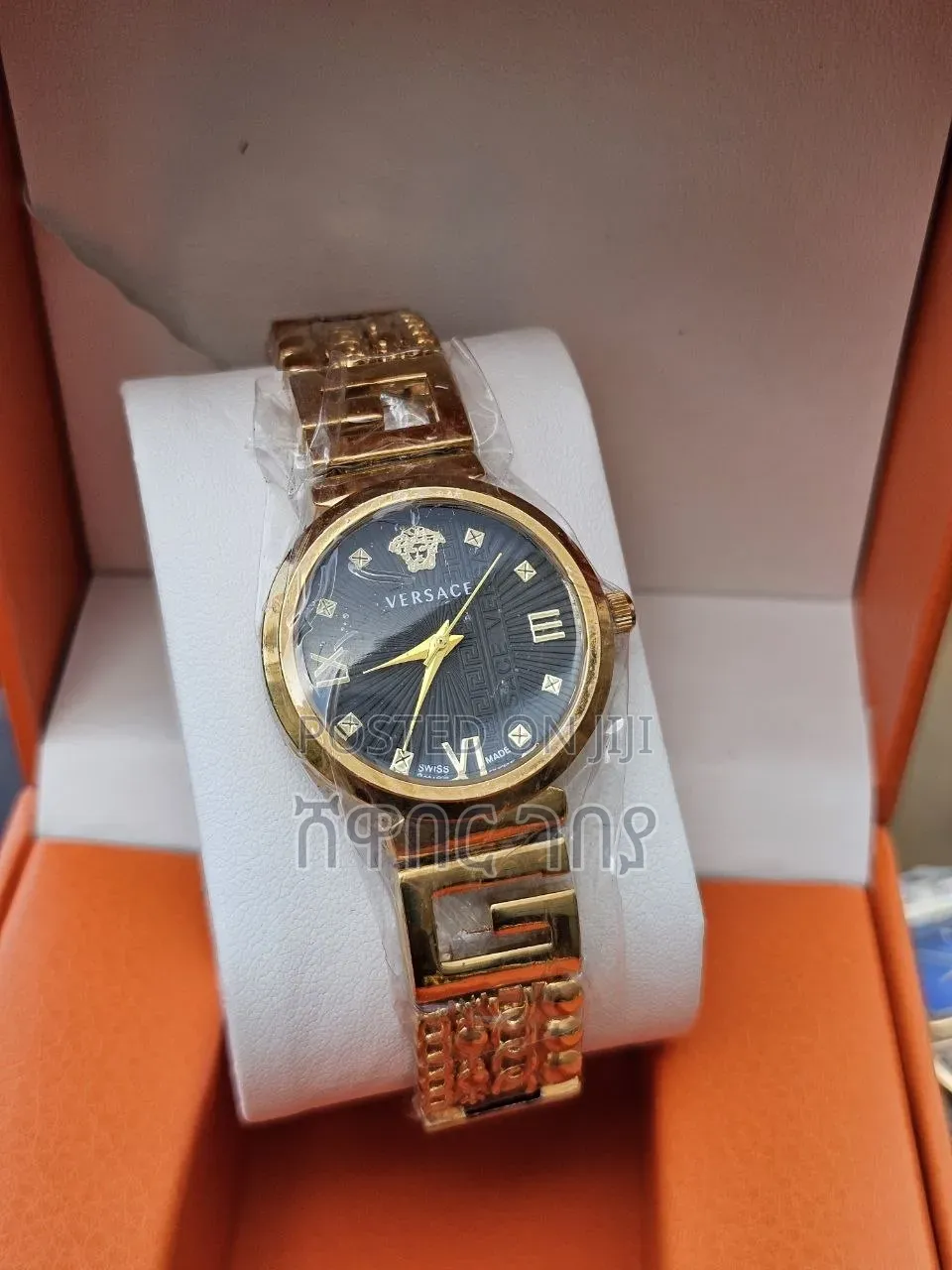 Designer Style Round Watch Blue Pattern Dial Gold Tone Greek Key Band