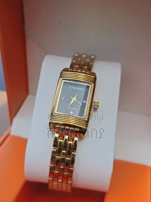 Designer Style Small Rectangle Watch Black Dial Gold Brick Link Band