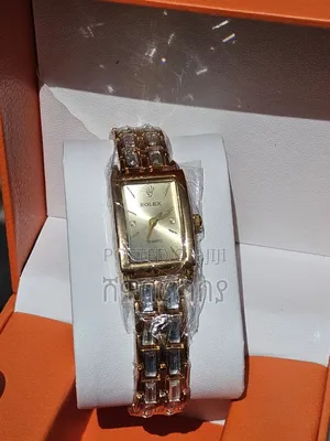 Designer Style Rectangle Watch Champagne Dial Gold Brick Link Band