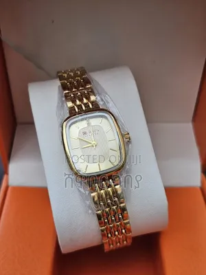 Designer Style Cushion Watch White Dial Gold Tone Ribbed Center Band