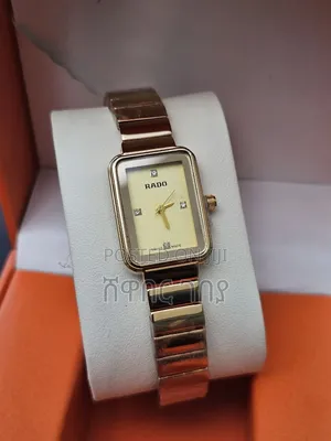 Designer Style Rectangle Watch Champagne Dial Gold Tone Ceramic Link