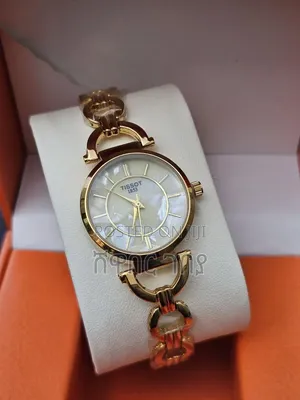 Designer Style Round Watch Mother of Pearl Dial Gold Tone Bangle Band