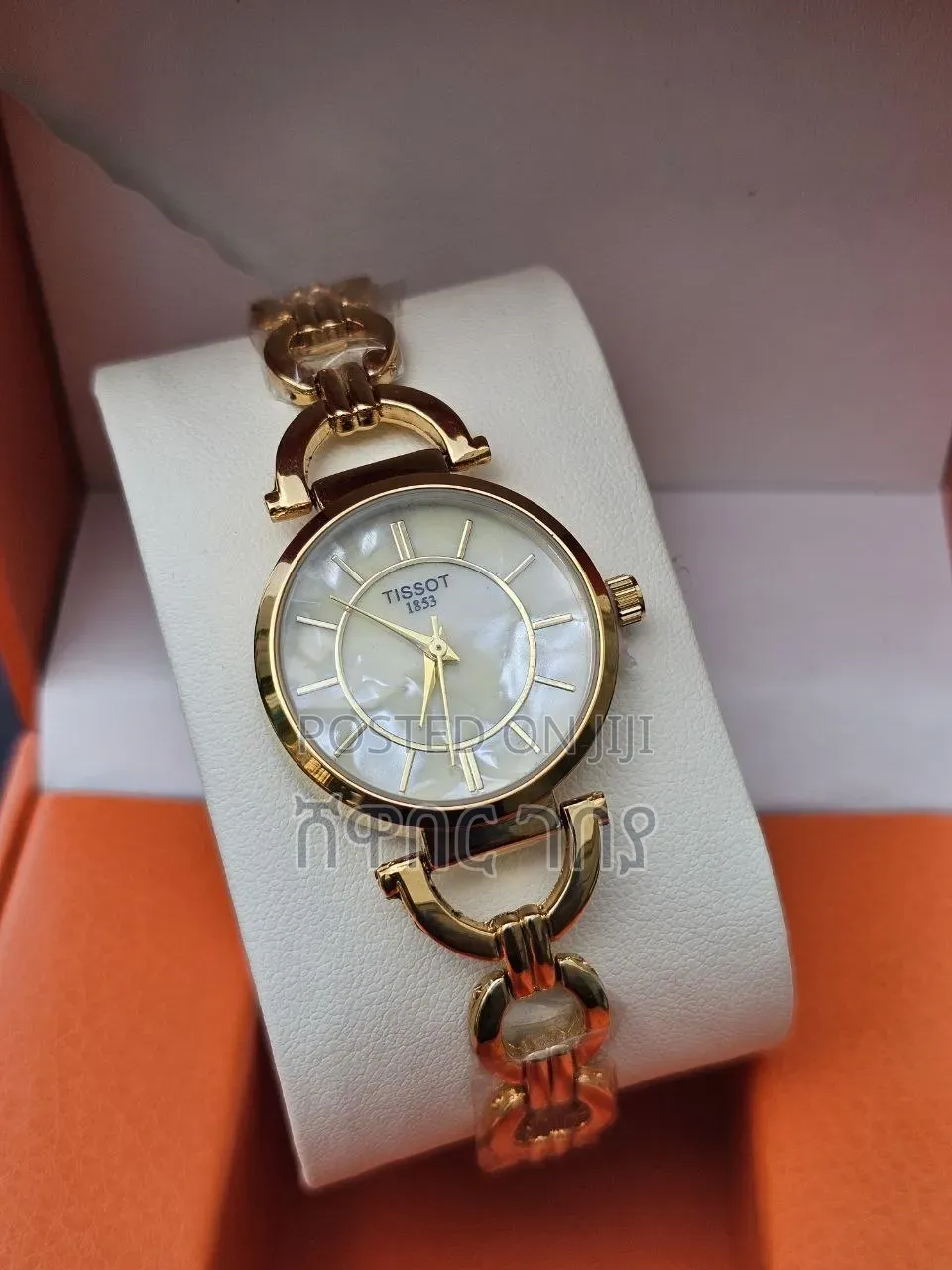 Designer Style Round Watch Mother of Pearl Dial Gold Tone Bangle Band