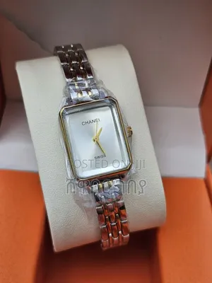 Designer Style Rectangle Watch White Dial Gold Silver Tone Link Band