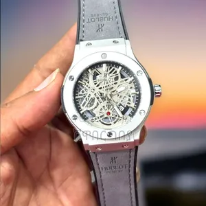 Hublot Geneve Skeleton Steel Grey Leather Strap Mens Wristwatch Tested