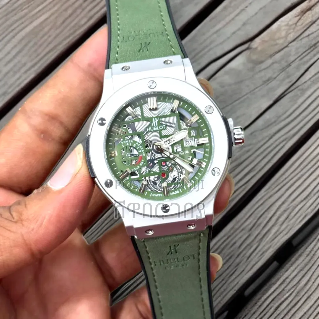 Hublot Geneve Green Dial Steel Case Leather Strap Mens Wristwatch