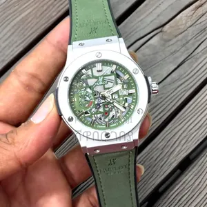 Hublot Geneve Green Dial Steel Case Leather Strap Mens Wristwatch