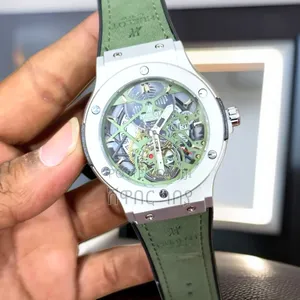Hublot Geneve Green Skeleton Steel Green Leather Strap Mens Wristwatch