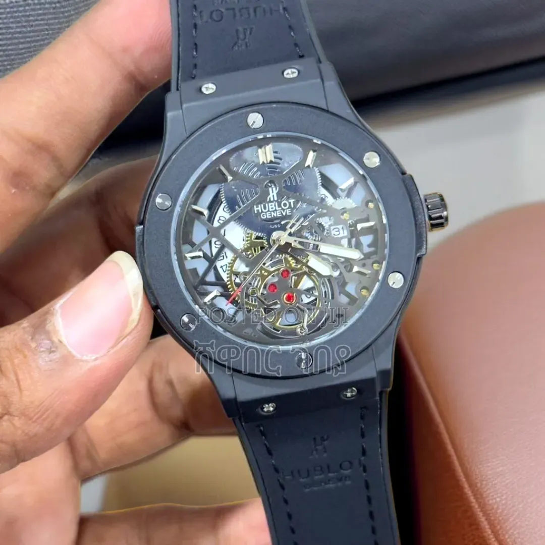 Hublot Geneve Black PVD Skeleton Dial Black Leather Mens Wristwatch