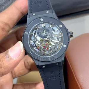 Hublot Geneve Black PVD Skeleton Dial Black Leather Mens Wristwatch