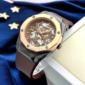 Hublot Geneve Rose Gold Bezel Brown Skeleton Brown Mens Wristwatch
