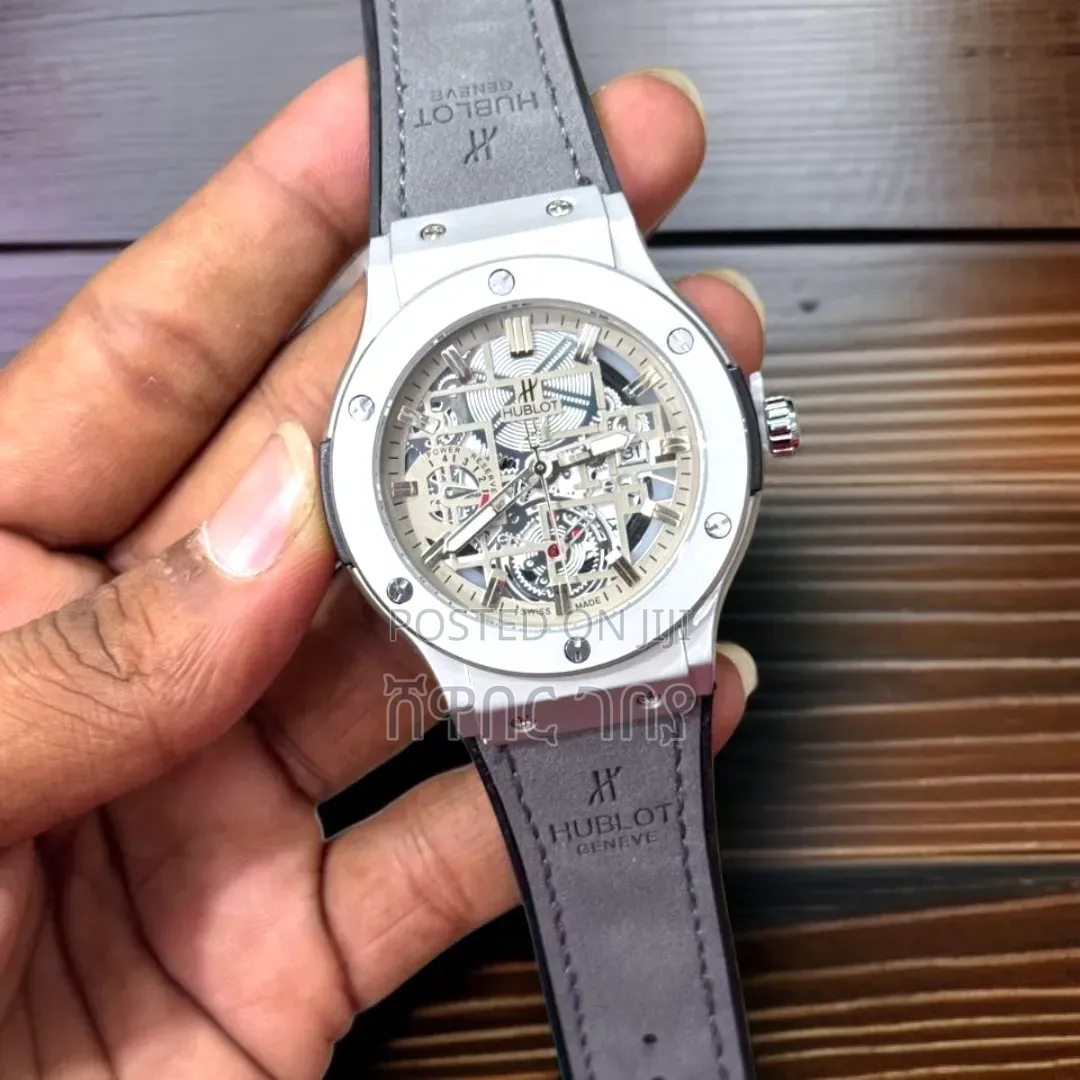 Hublot Geneve Layered Skeleton Steel Grey Leather Mens Wristwatch
