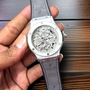 Hublot Geneve Layered Skeleton Steel Grey Leather Mens Wristwatch