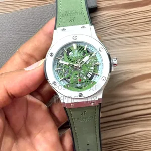 Hublot Geneve Green Skeleton Steel Green Leather Mens Wristwatch