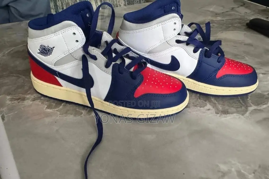 Air Jordan 1 Mid (Colorway: White / Deep Royal Blue - University Red)