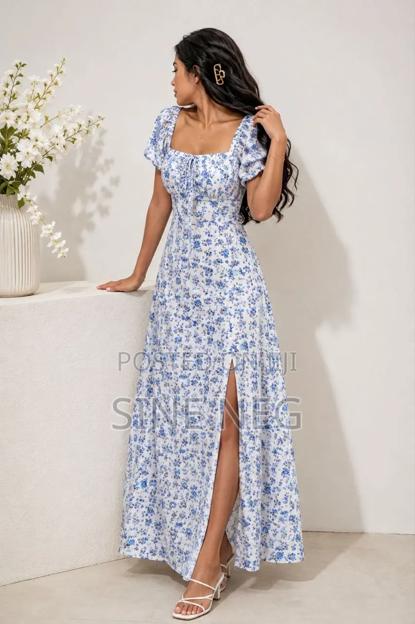 Blue Floral Puff Sleeve Midi Dress